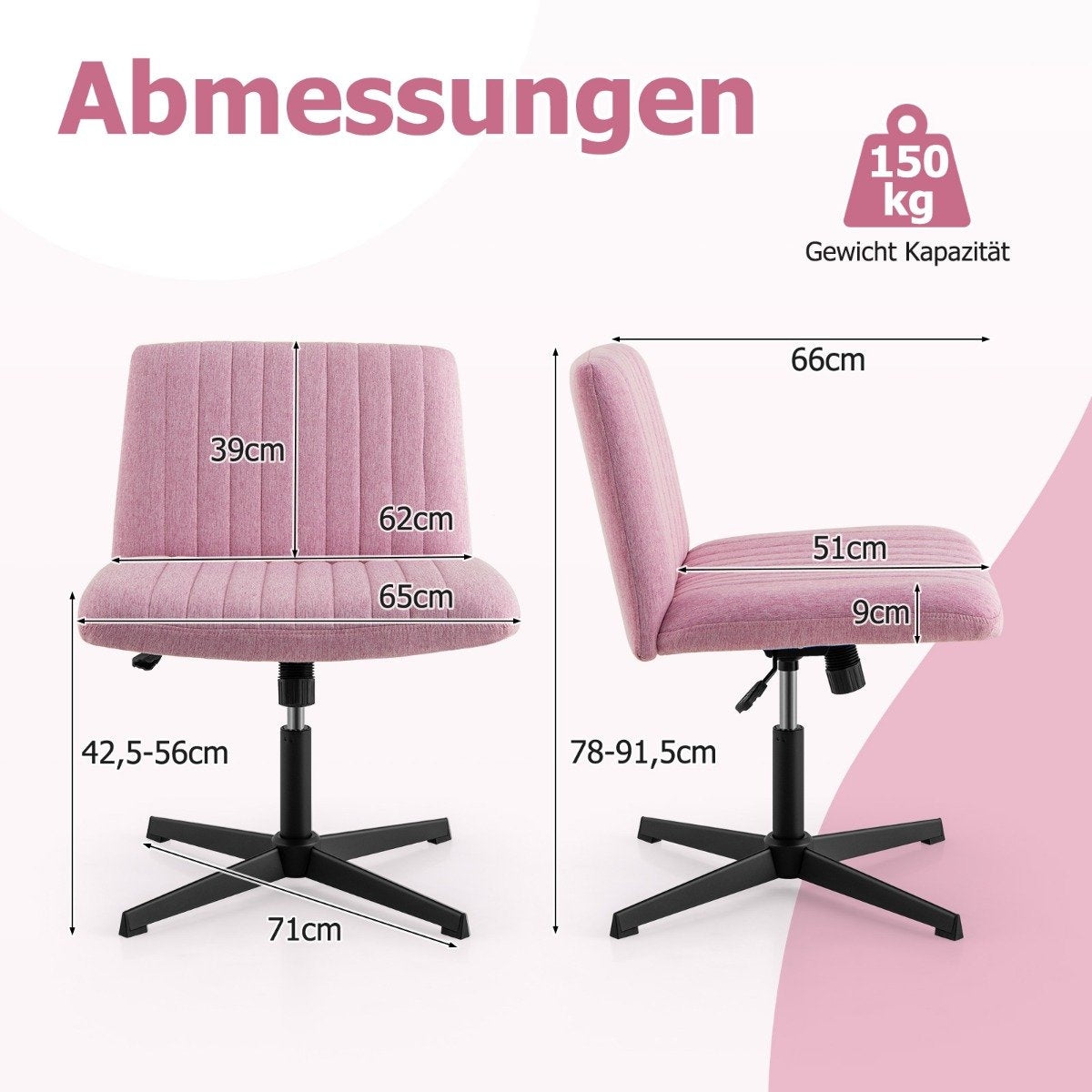 Cross-legged chair without armrests swivel chair with wide seat desk chair pink