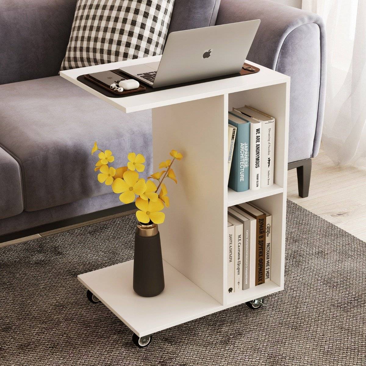 C-shaped side table, narrow side table with shelves, mobile bedside table for living room, white