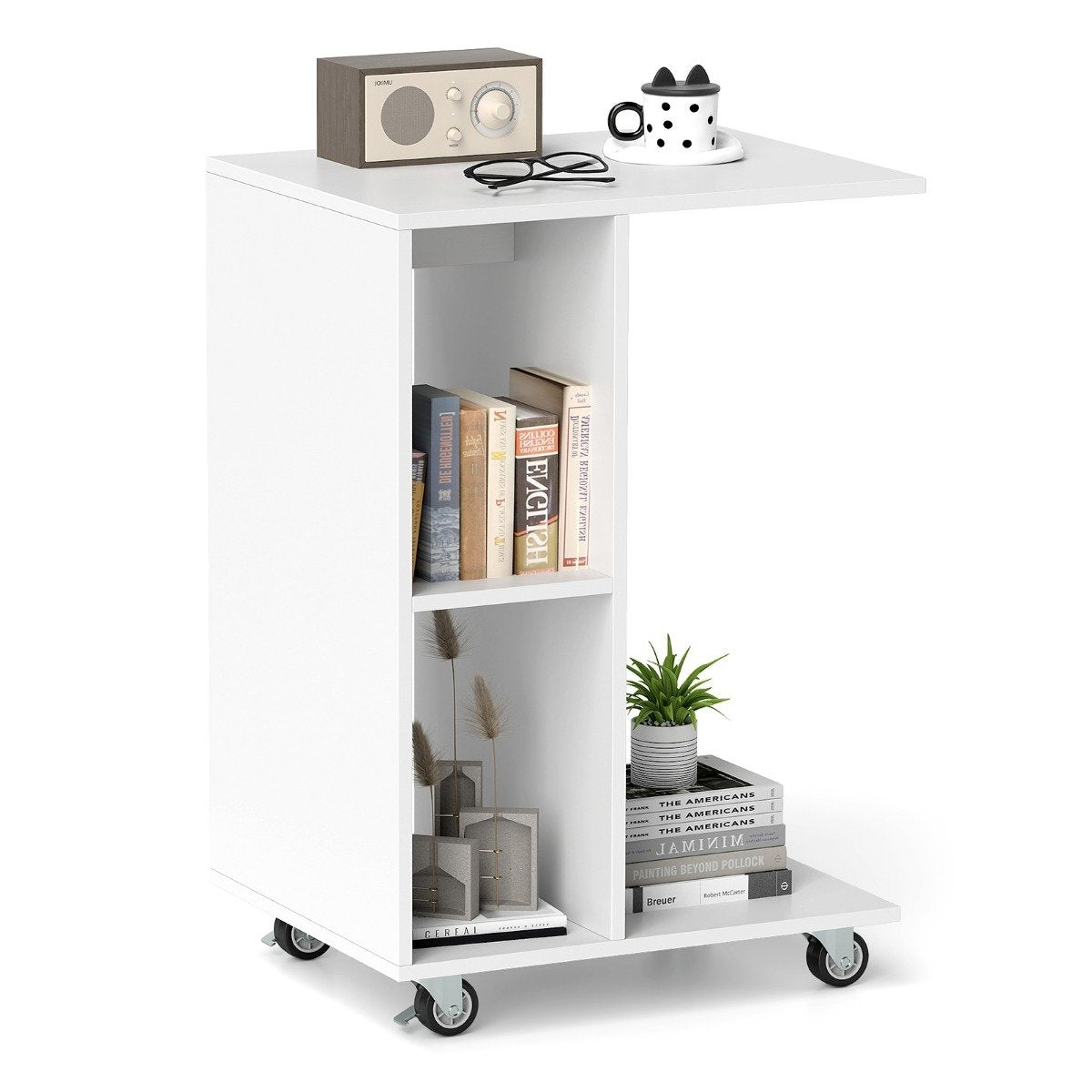 C-shaped side table, narrow side table with shelves, mobile bedside table for living room, white