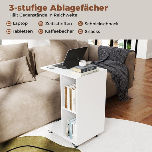 C-shaped side table, narrow side table with shelves, mobile bedside table for living room, white