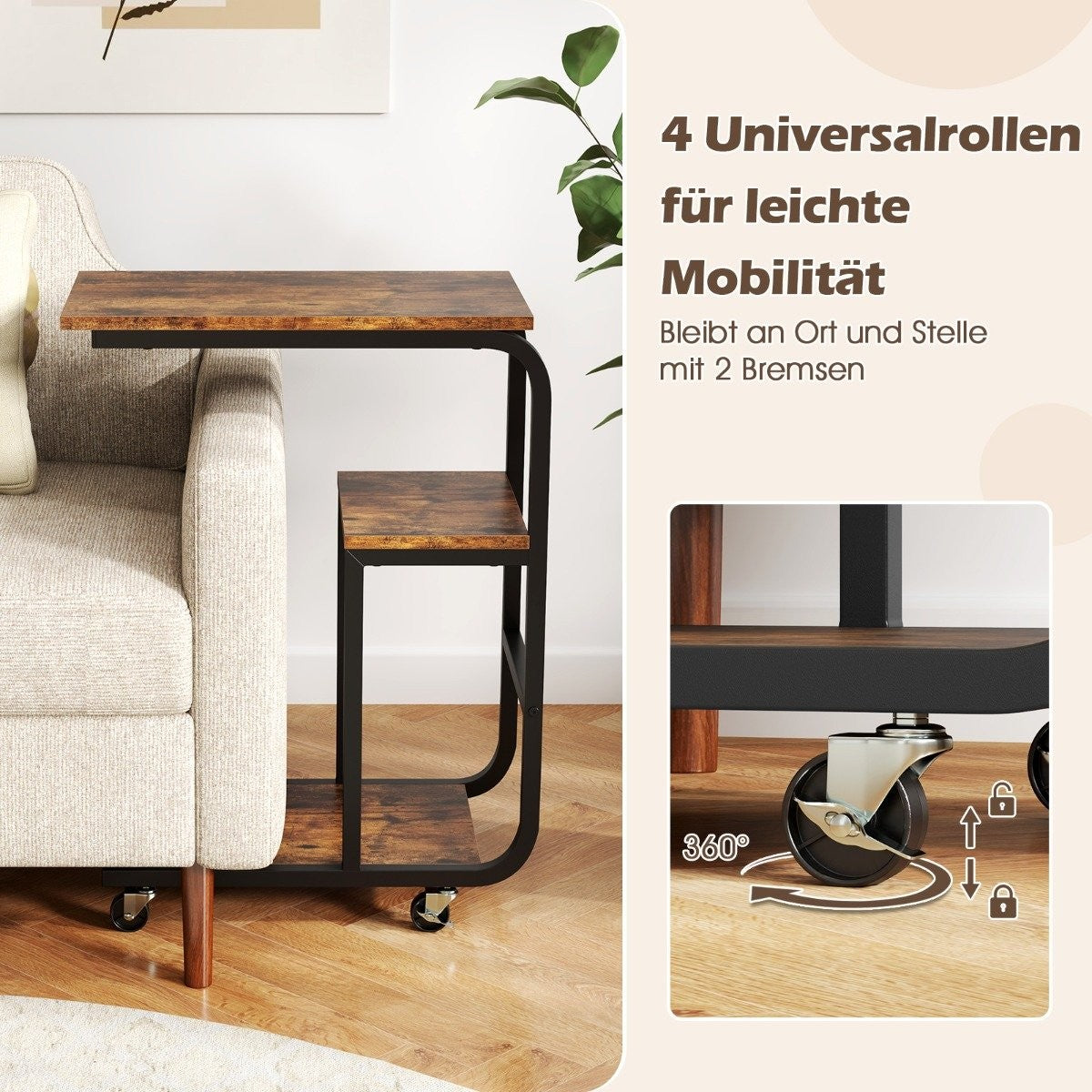 C-shaped side table with open shelves and lockable wheels. Space-saving sofa table