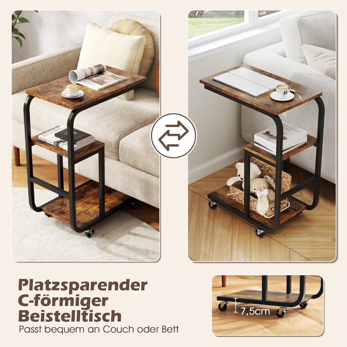 C-shaped side table with open shelves and lockable wheels. Space-saving sofa table