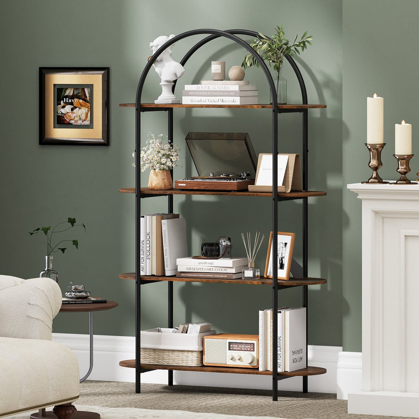 Curved 4-Tier Bookshelf with Metal Frame and Wood Shelves