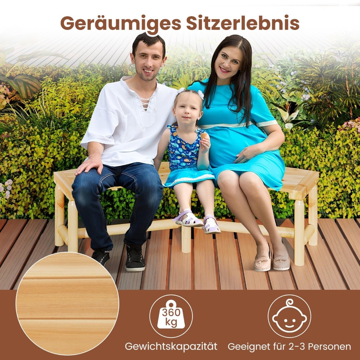 Curved Outdoor Wooden Bench for 2-3 People, 170 cm
