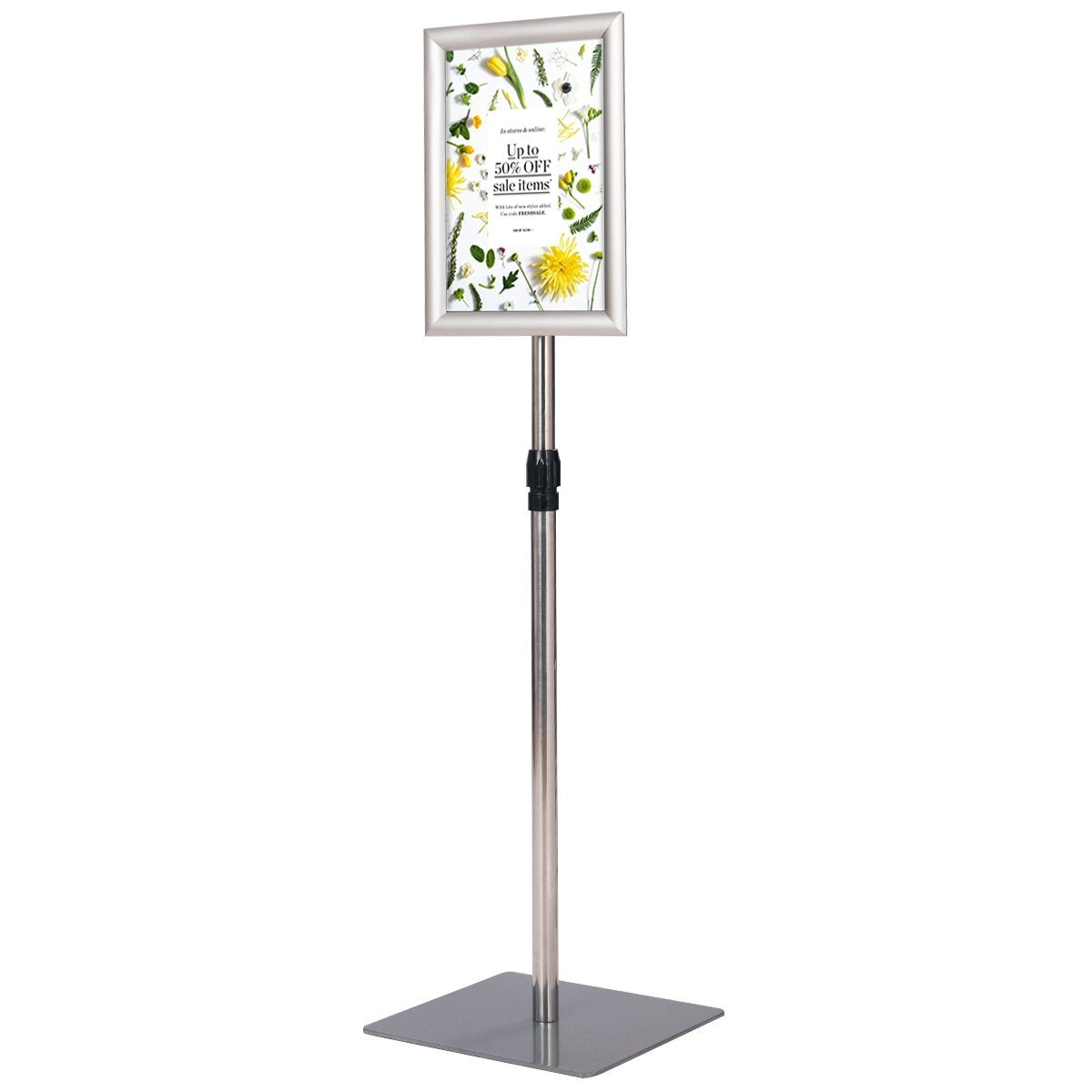 DIN A4 information stand, height-adjustable, removable poster stand, silver/black, 33 x 24 cm-silver