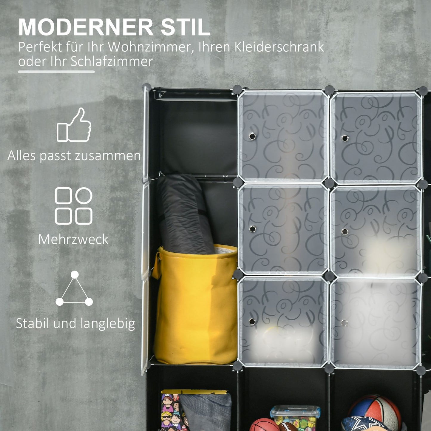 Modular wardrobe shelving system with 16 cubes and 2 rods