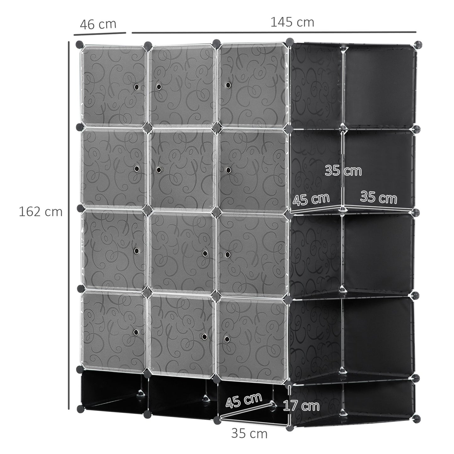 Modular wardrobe shelving system with 16 cubes and 2 rods