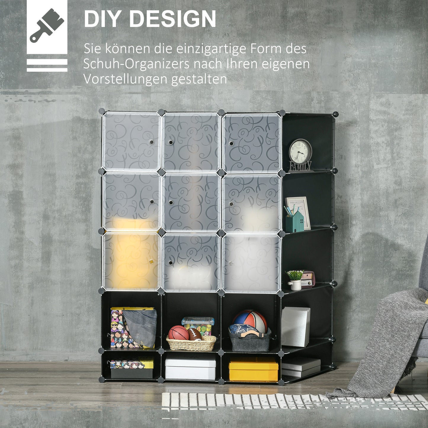 Modular wardrobe shelving system with 16 cubes and 2 rods