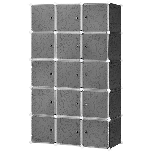 Modular wardrobe shelving system with 11 cubes, black