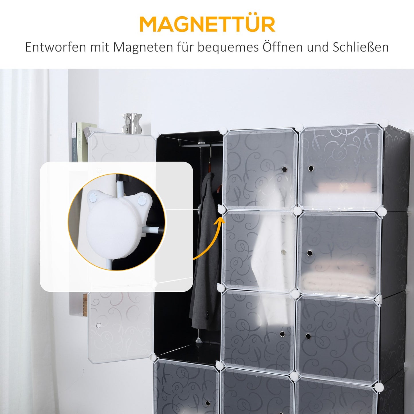 Modular wardrobe shelving system with 11 cubes, black