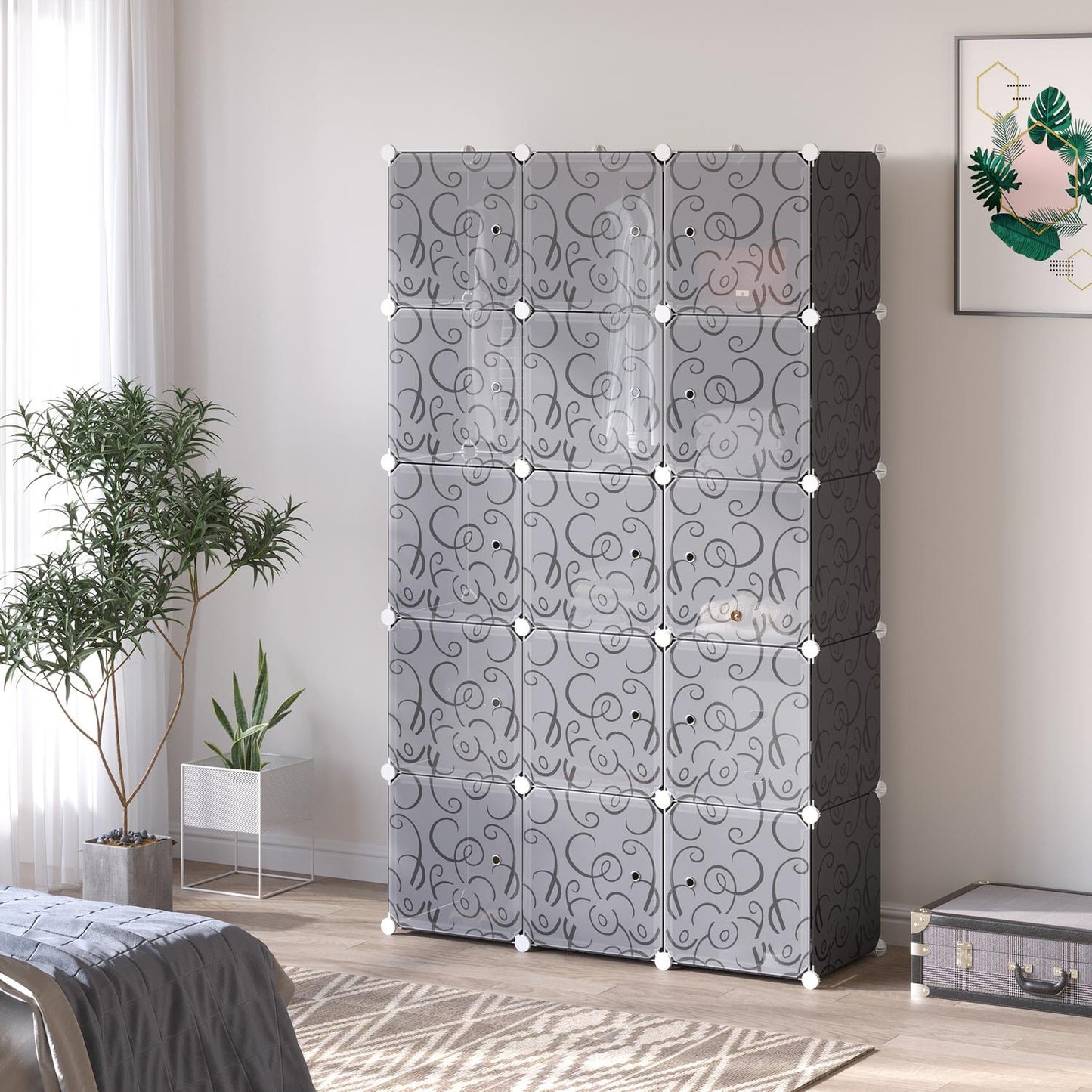 Modular wardrobe shelving system with 11 cubes, black