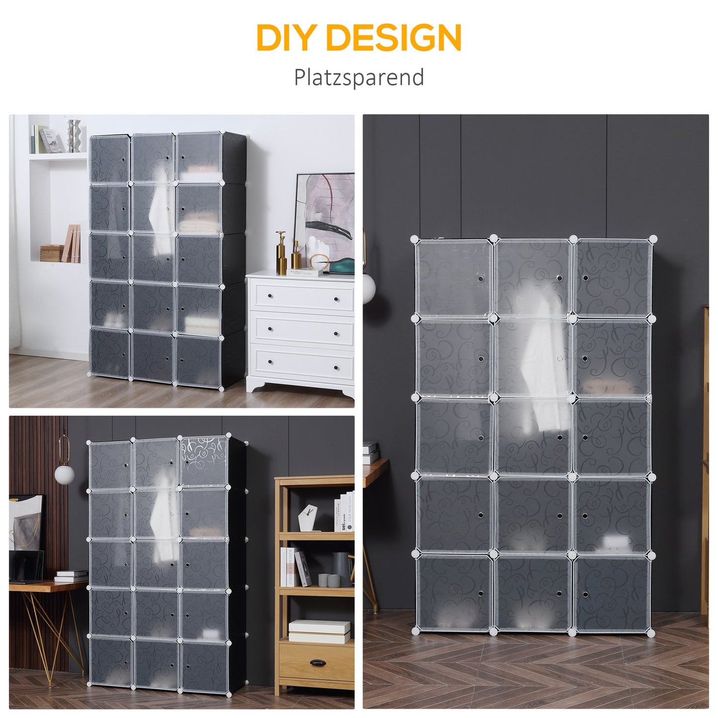 Modular wardrobe shelving system with 11 cubes, black