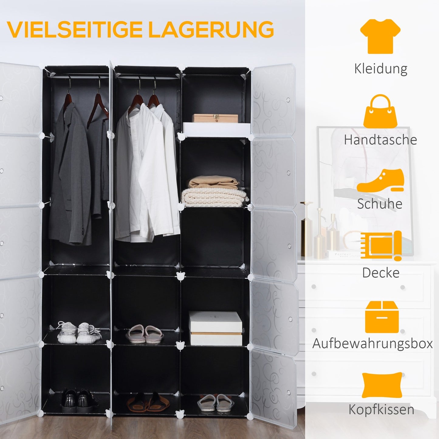 Modular wardrobe shelving system with 11 cubes, black