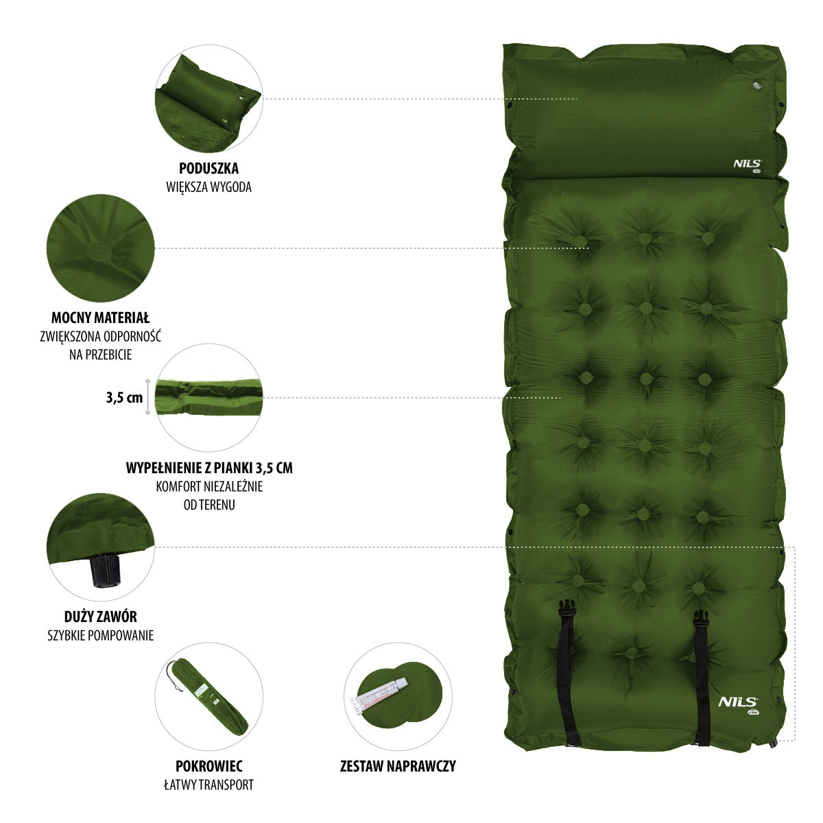 Dark Green Self-Inflating Camping Mat, Compact
