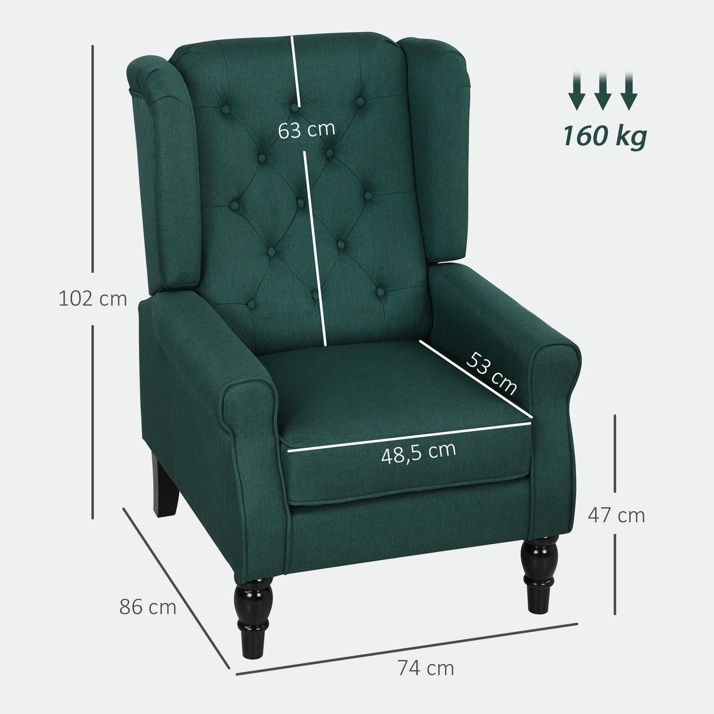 Dark Green Wingback Chair with Foam Cushions, Wood Frame