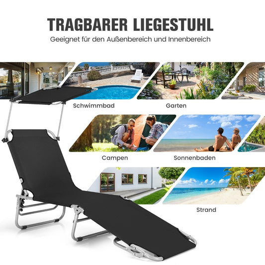 Deck Chair Folding Beach Lounger for Outdoor Black