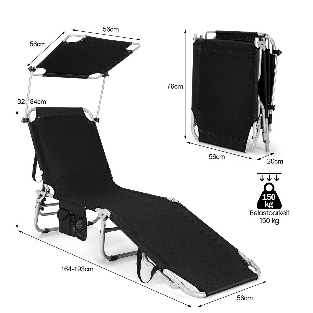 Deck Chair Folding Beach Lounger for Outdoor Black
