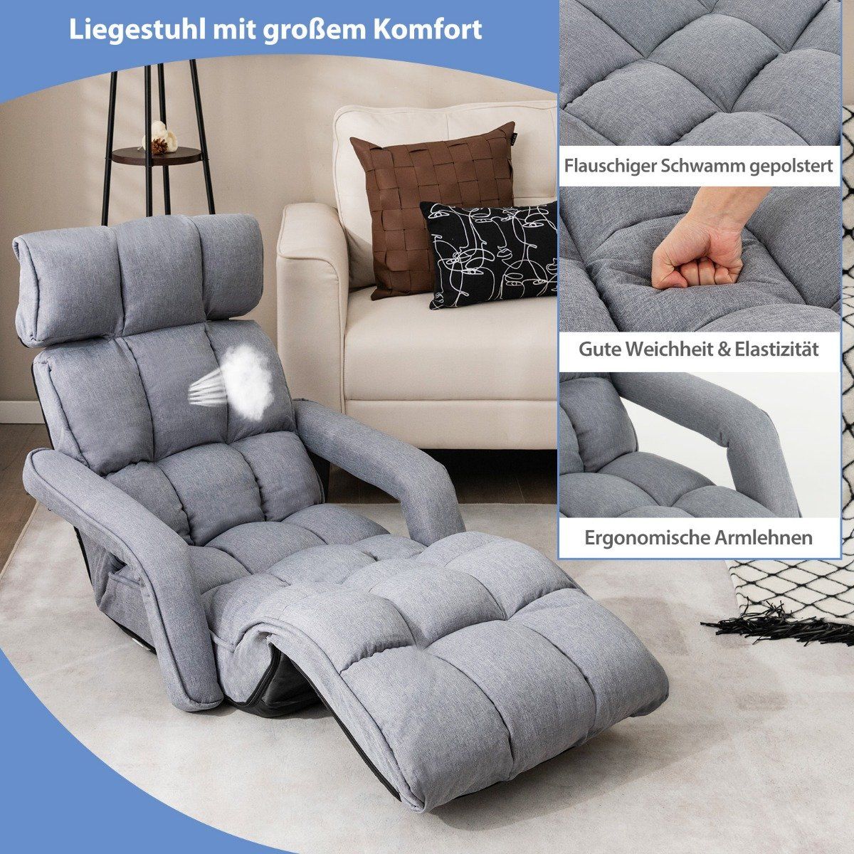 Deck Chair Folding Sofa Bed with 6 Adjustable Positions 72 x 61 x 46.5 cm Gray