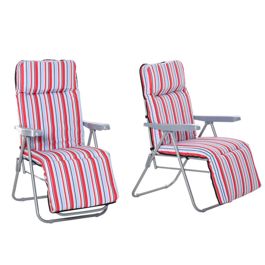 Set of 2 red folding sun loungers with cushions and adjustable backrest