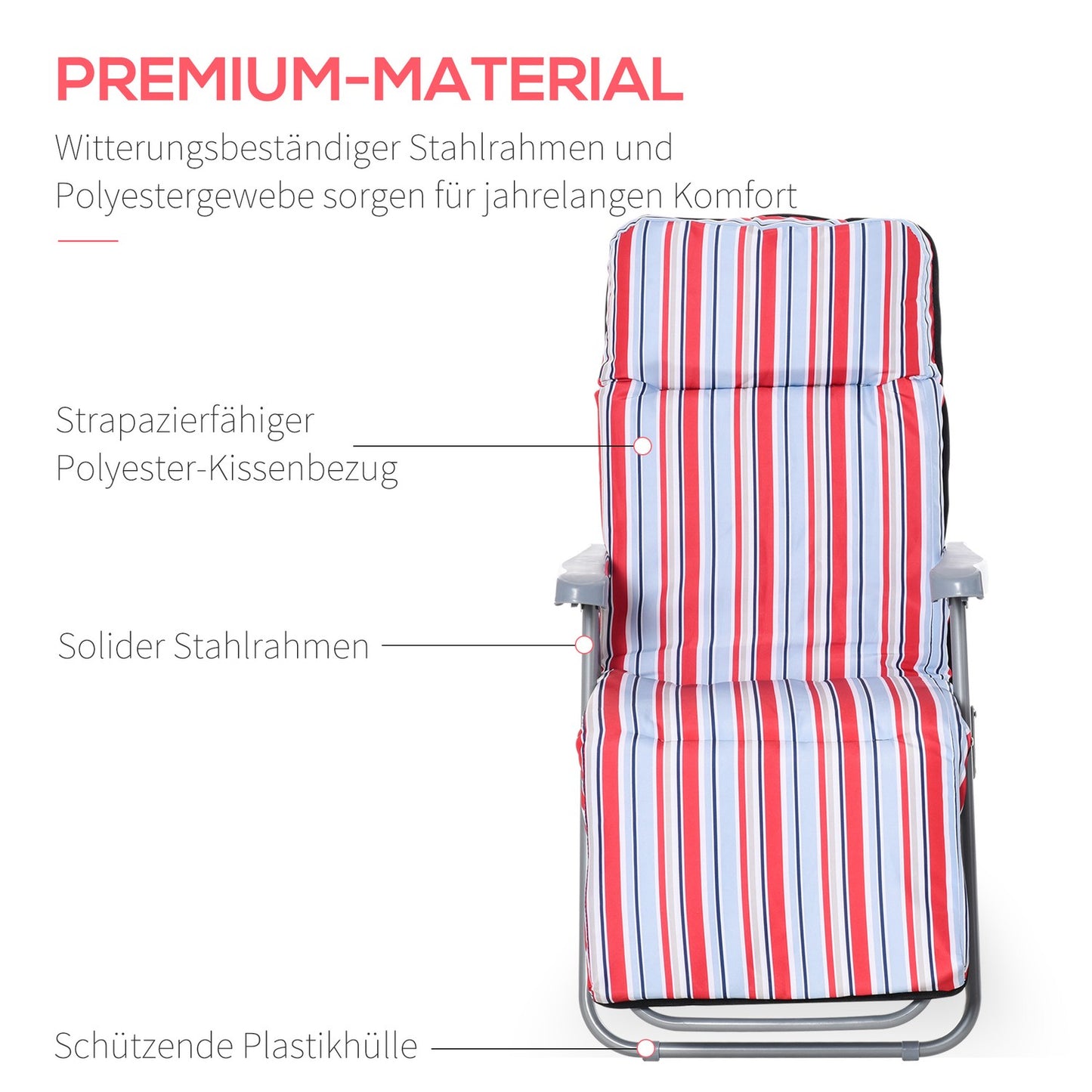 Set of 2 red folding sun loungers with cushions and adjustable backrest