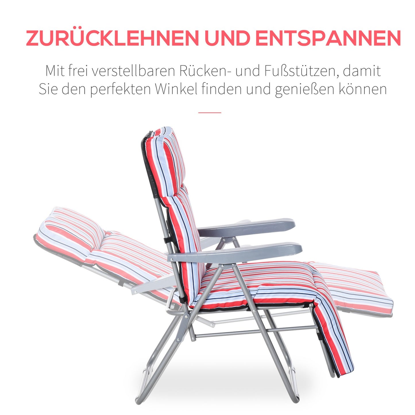 Set of 2 red folding sun loungers with cushions and adjustable backrest