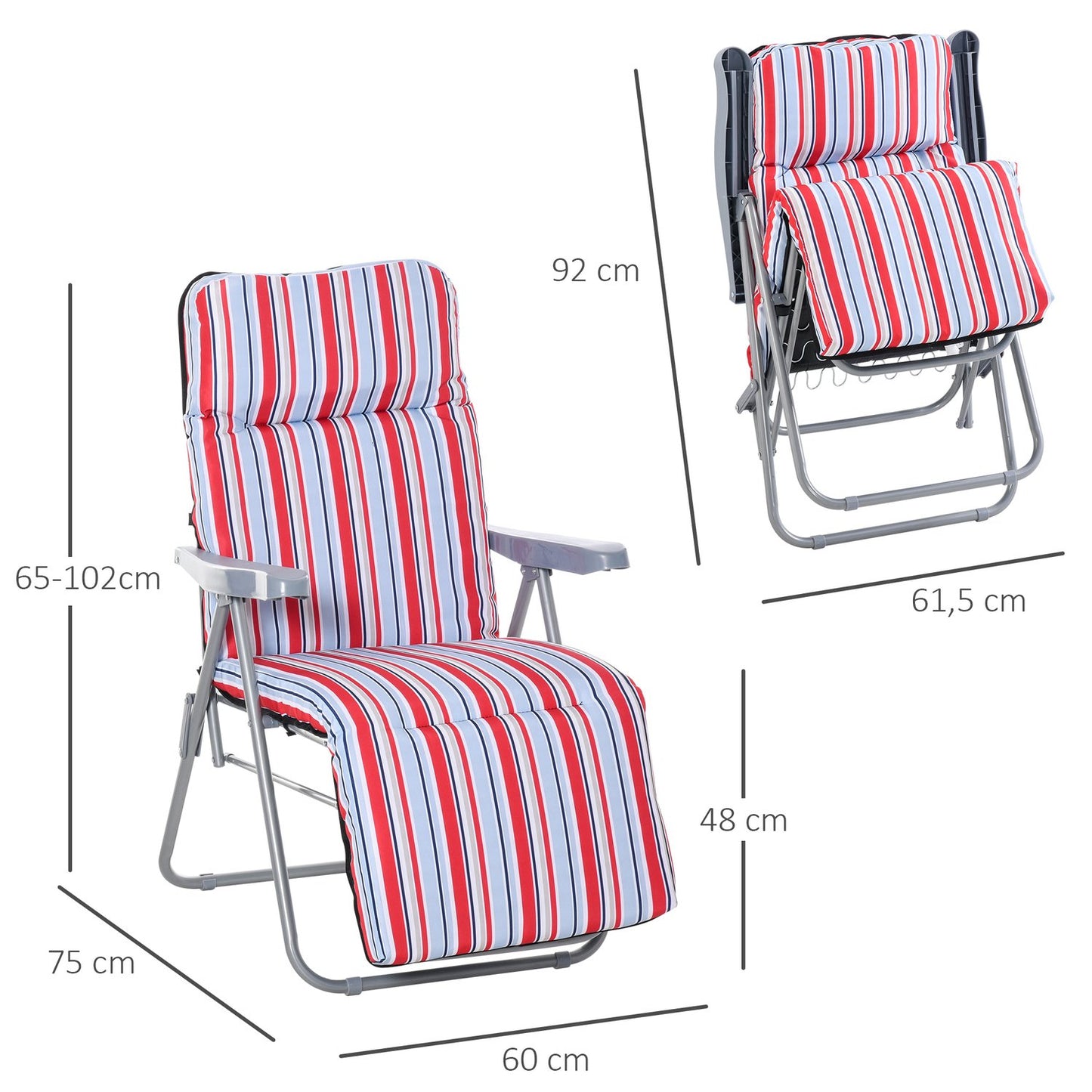 Set of 2 red folding sun loungers with cushions and adjustable backrest