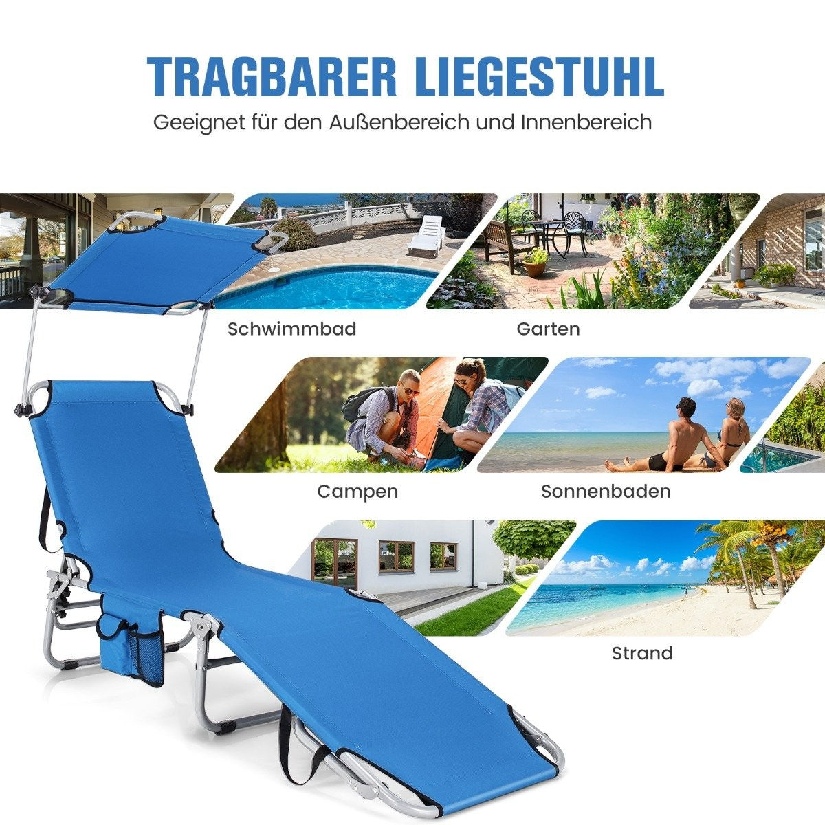 Deck chair folding beach lounger for outdoors blue