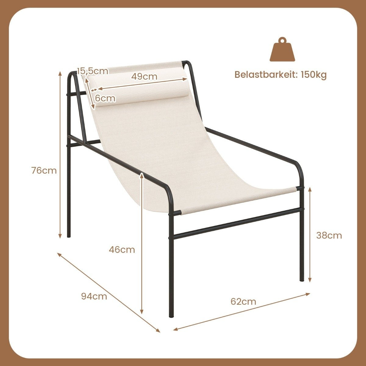 Deck chair lounge chair with removable headrest 94 x 62 x 76 cm beige