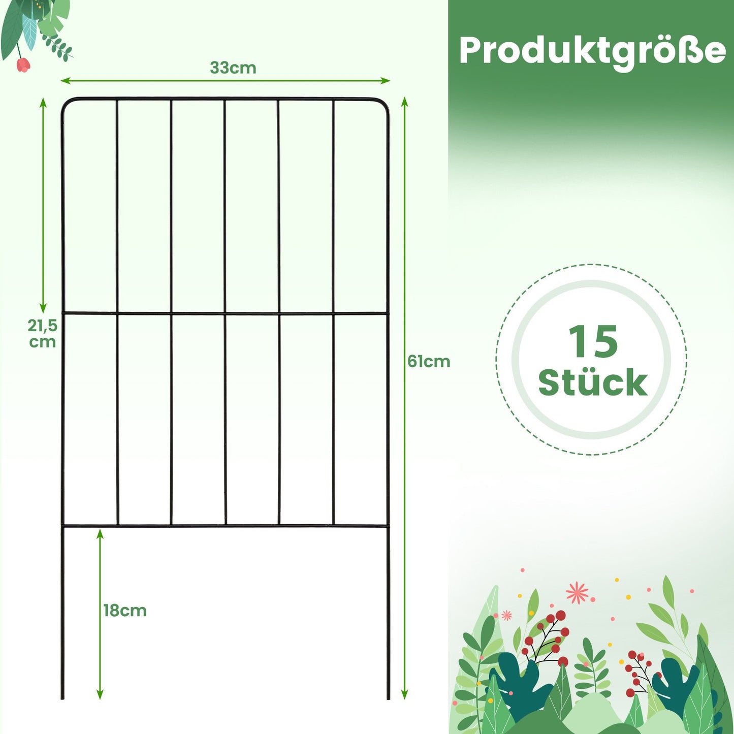 Decorative Metal Garden Fence, 25 Pieces, Black, Rustproof