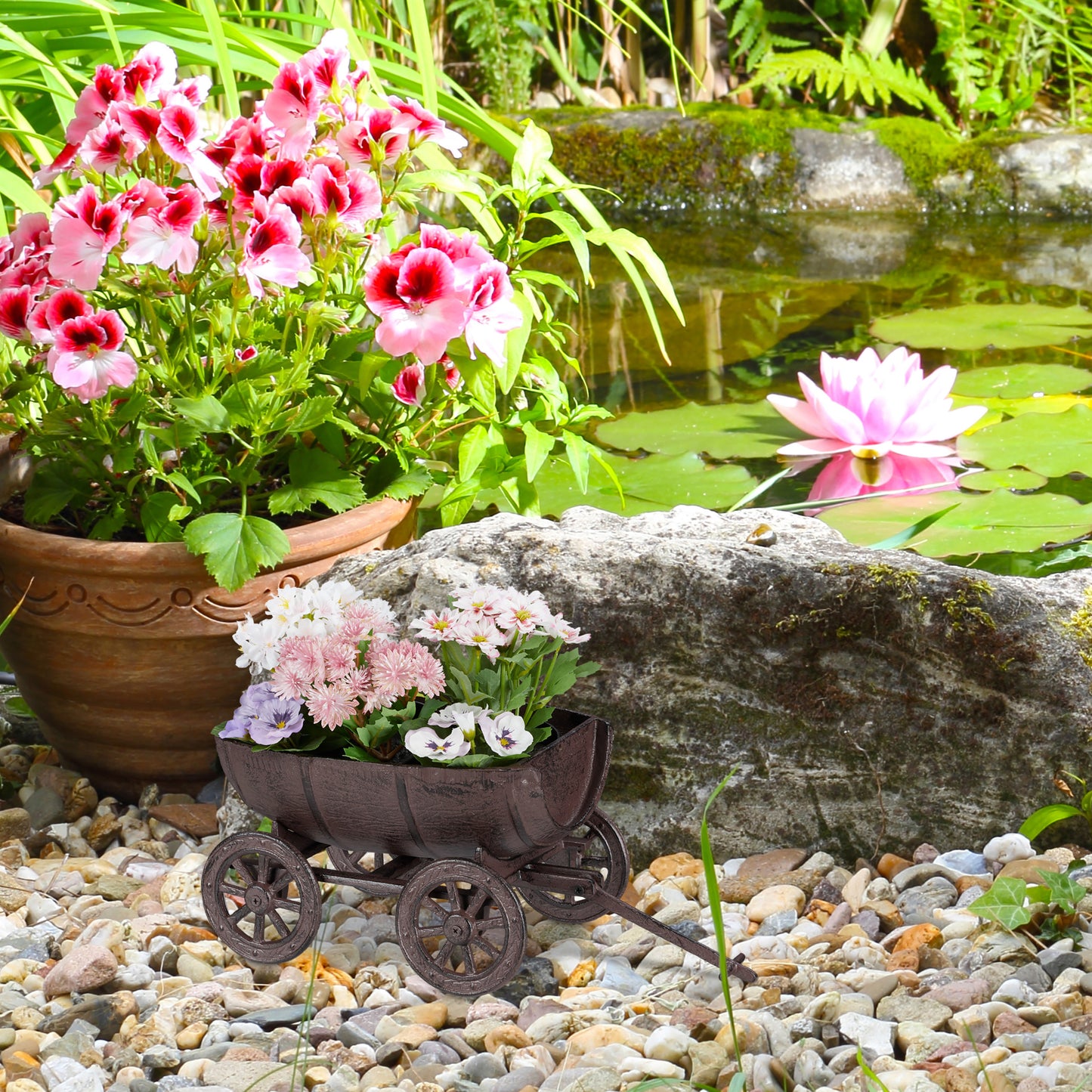 Decorative Planter Barrel on Handcart