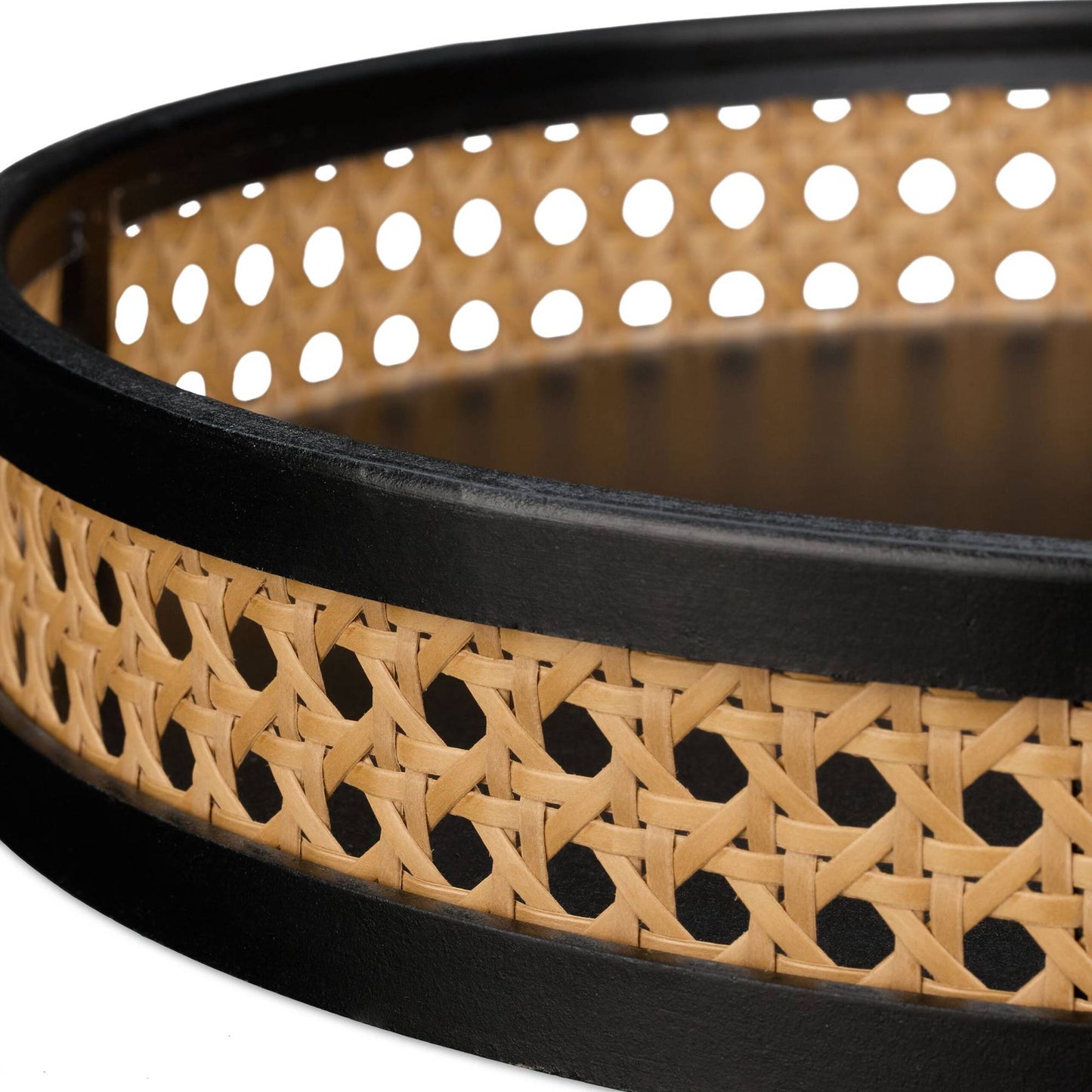 Decorative Wooden Tray with Rattan Edge – Black