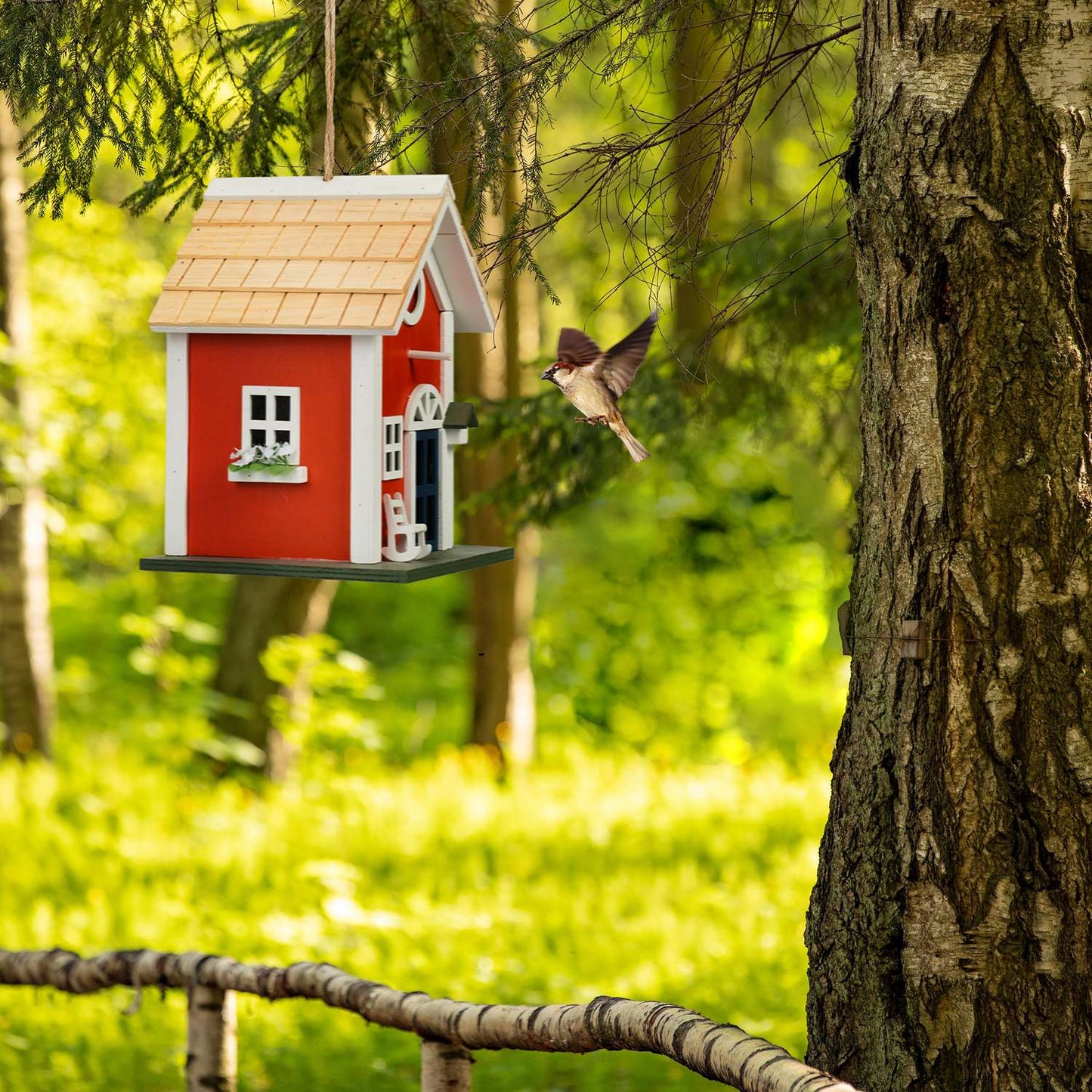 <p>This weatherproof birdhouse offers a cozy refuge for small birds while enhancing your garden's charm. Crafted from durable poplar and pine, it blends seamlessly into any outdoor setting.</p>

<ul>
<li>Enhance your garden with detailed country style des