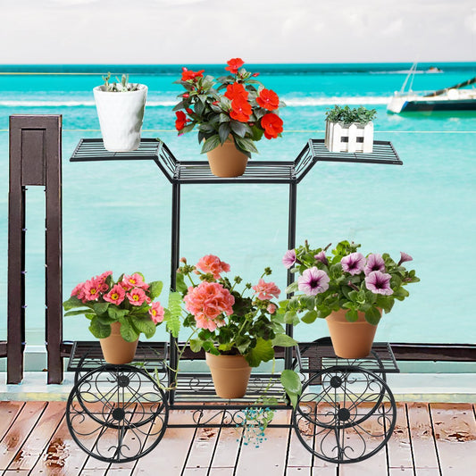 Decorative flower stand, plant stand with 6 shelves, free-standing flower cart for indoor and outdoor use, metal, black, 80.5 x 25 x 75