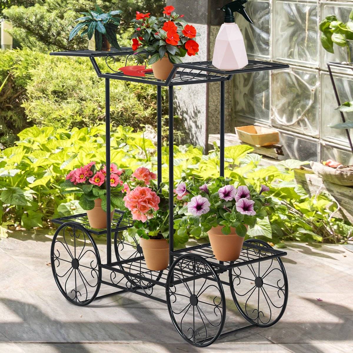 Decorative flower stand, plant stand with 6 shelves, free-standing flower cart for indoor and outdoor use, metal, black, 80.5 x 25 x 75