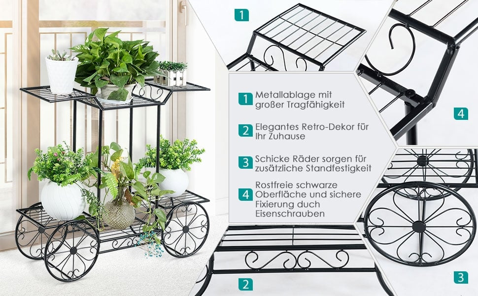 Decorative flower stand, plant stand with 6 shelves, free-standing flower cart for indoor and outdoor use, metal, black, 80.5 x 25 x 75