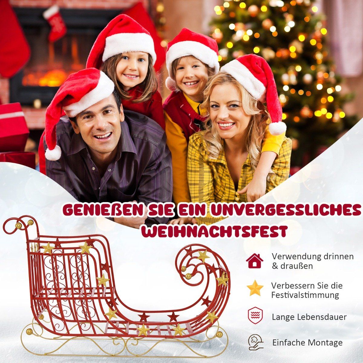 Decorative sleigh for Christmas metal sleigh Christmas decoration 99 x 36 x 61 cm red