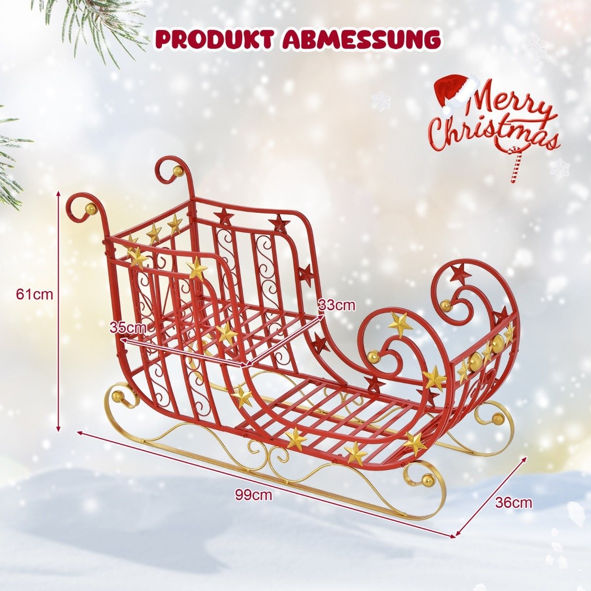 Decorative sleigh for Christmas metal sleigh Christmas decoration 99 x 36 x 61 cm red