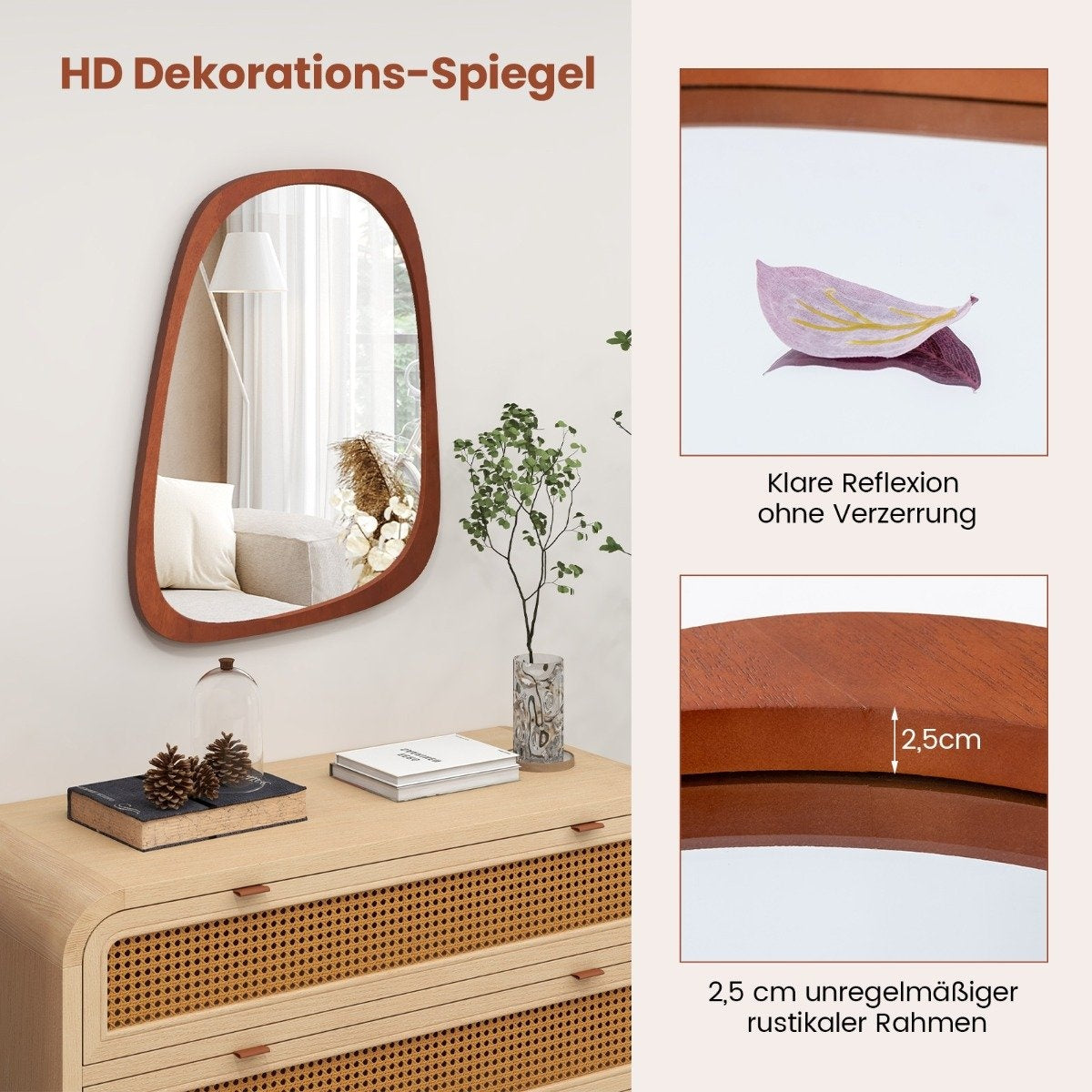 Decorative wall mirror with rustic frame Asymmetrical mirror 68 x 53.5 cm