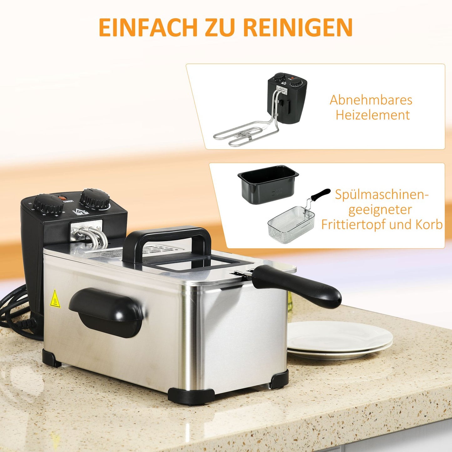 Deep fryer, 3 liters, 2,000W power, transparent lid, cool handle, black