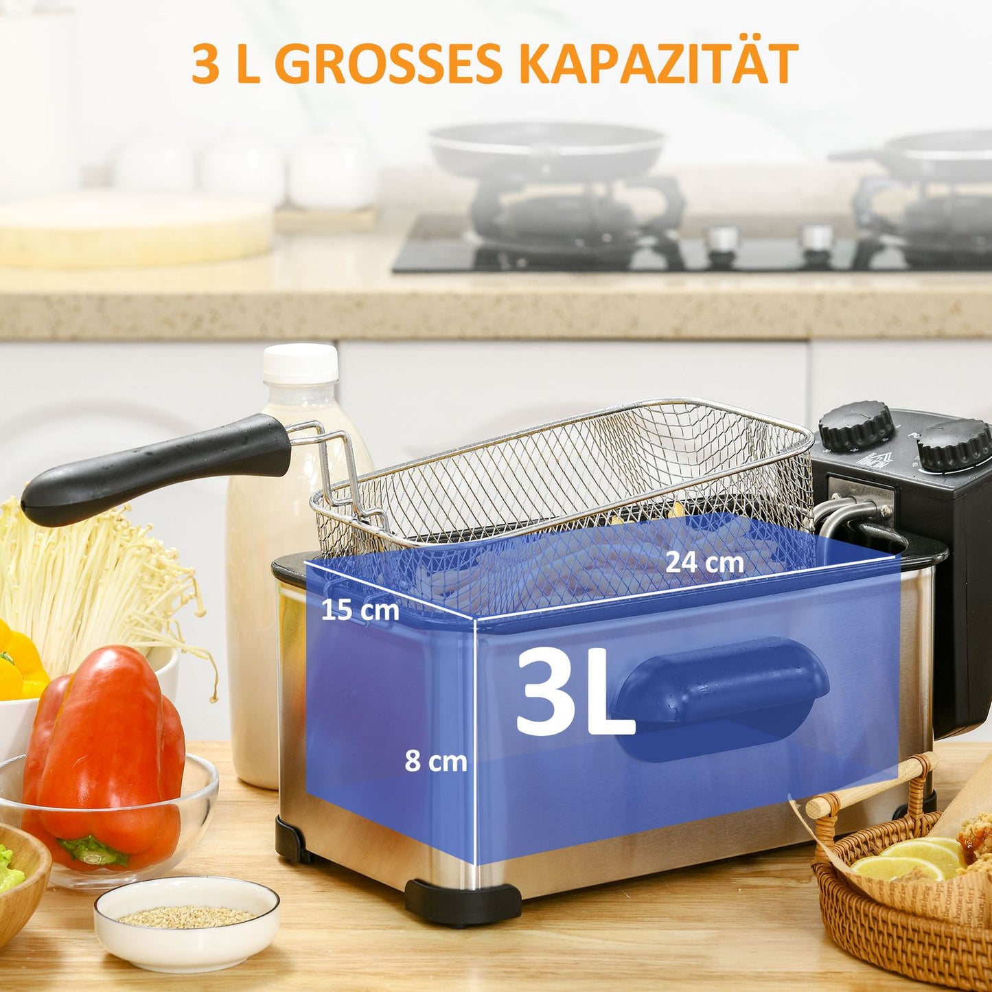 Deep fryer, 3 liters, 2,000W power, transparent lid, cool handle, black