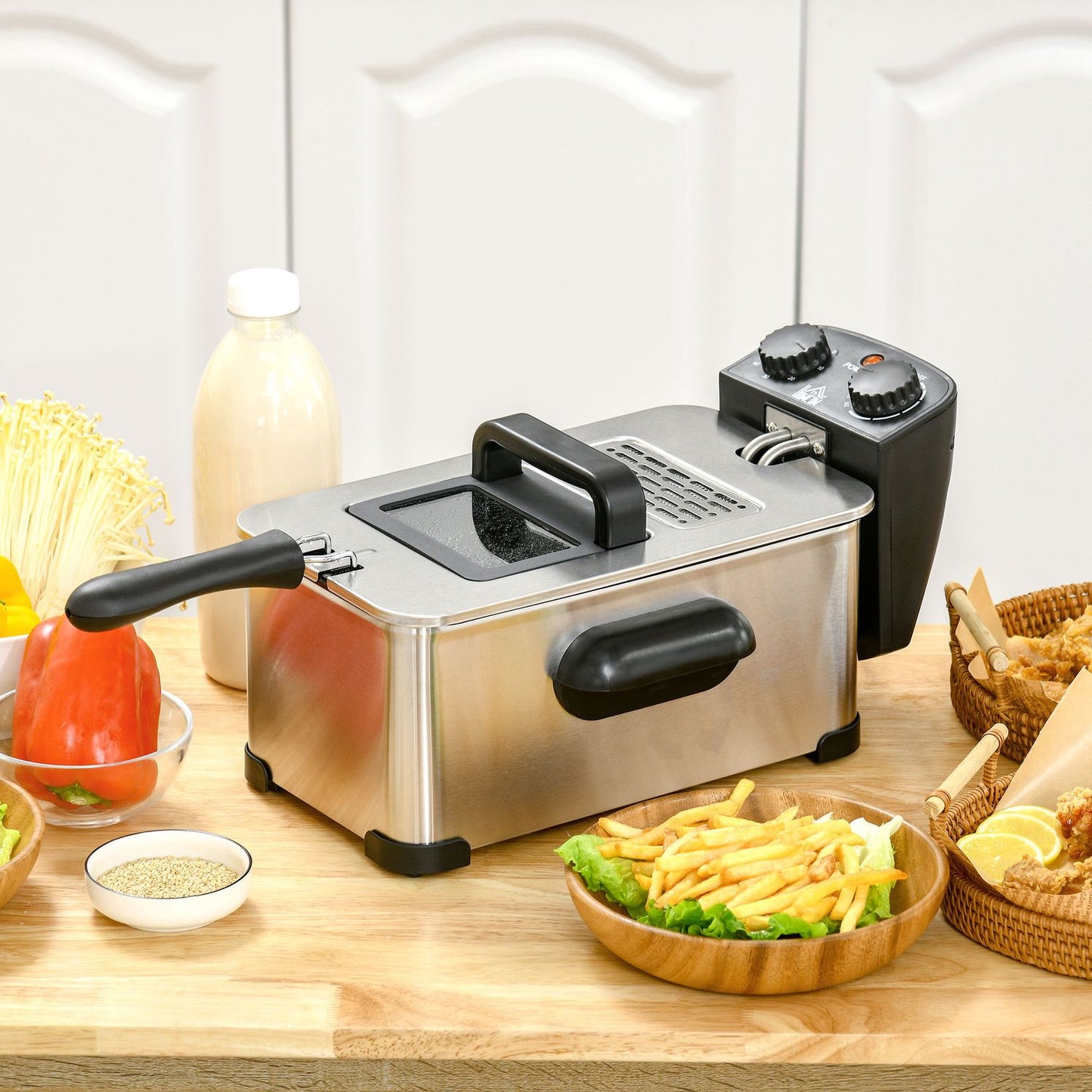 Deep fryer, 3 liters, 2,000W power, transparent lid, cool handle, black