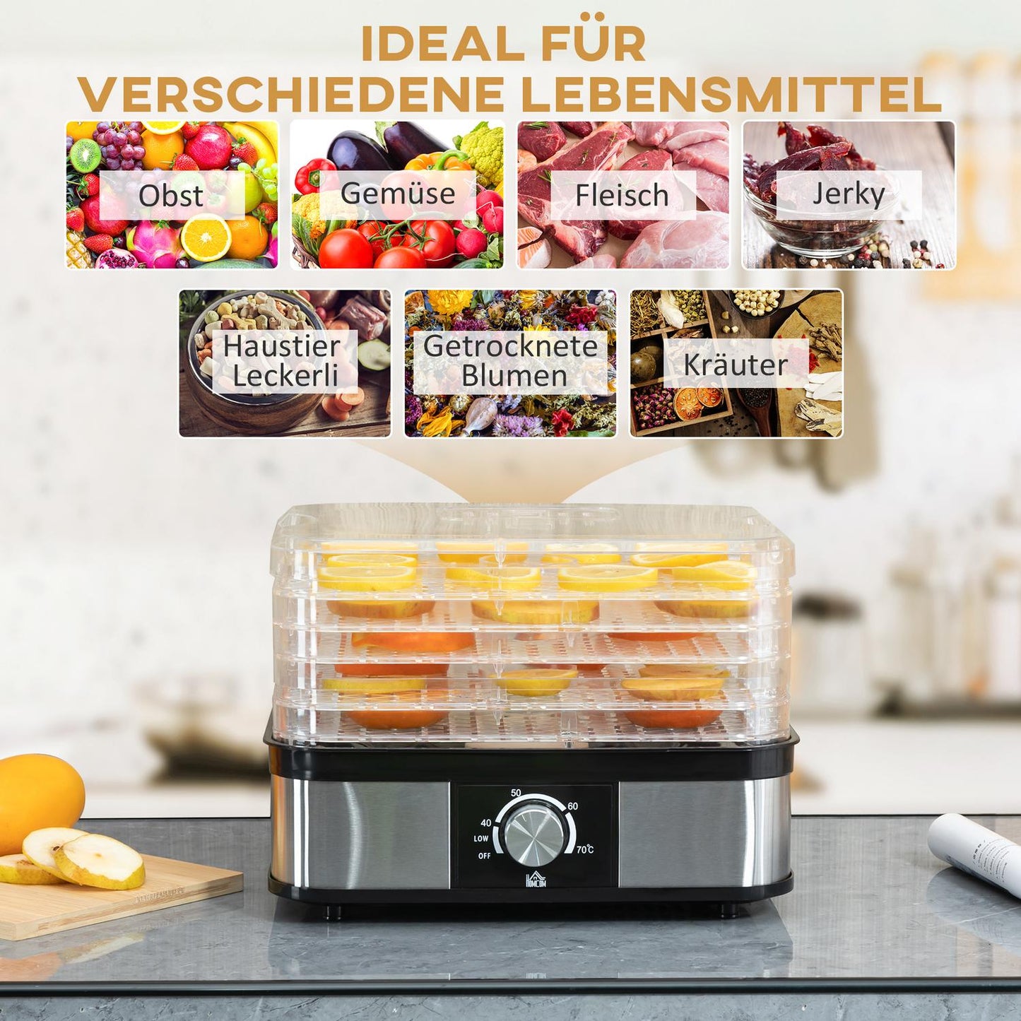 Dehydrator with timer & temperature control, 5 levels, stainless steel
