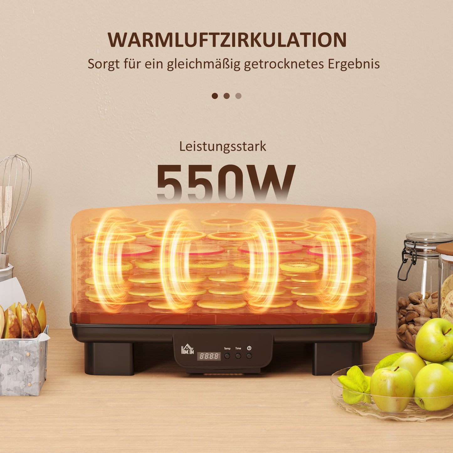 Dehydrator, 550W, 6-compartment adjustable rack, 40-70°C timer