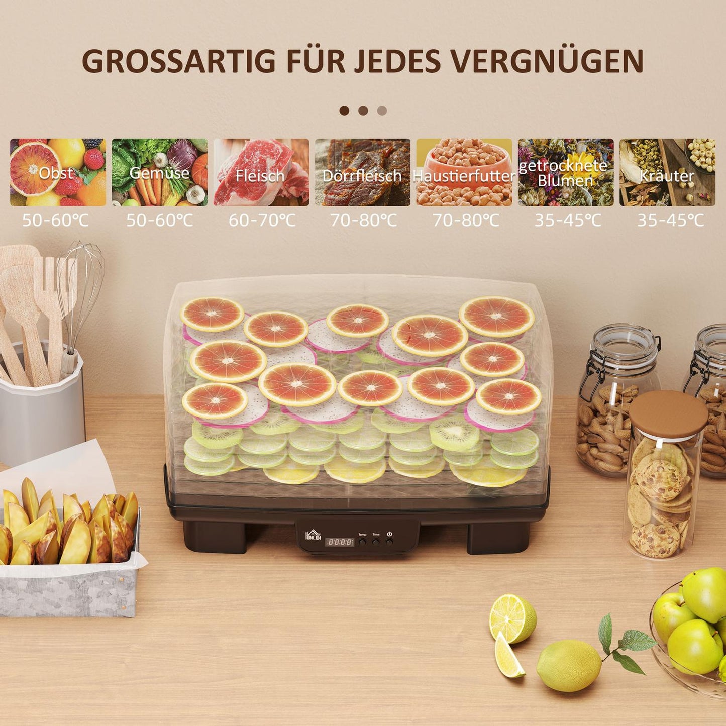 Dehydrator, 550W, 6-compartment adjustable rack, 40-70°C timer