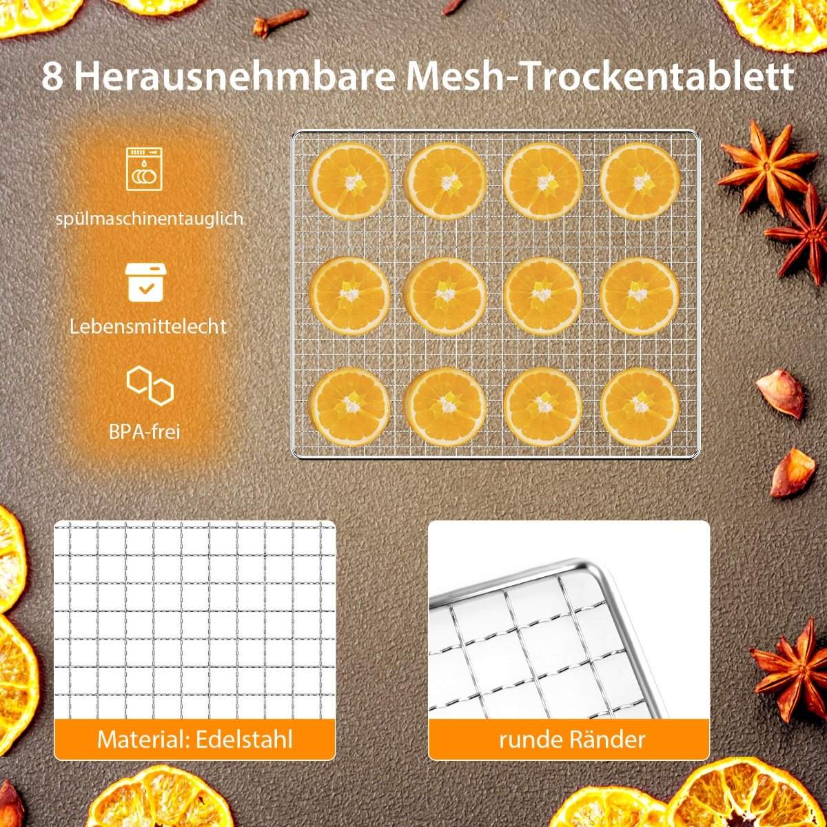 Dehydrator with 8 grid trays & 0-70°C temperature control & overheating protection dehydrator