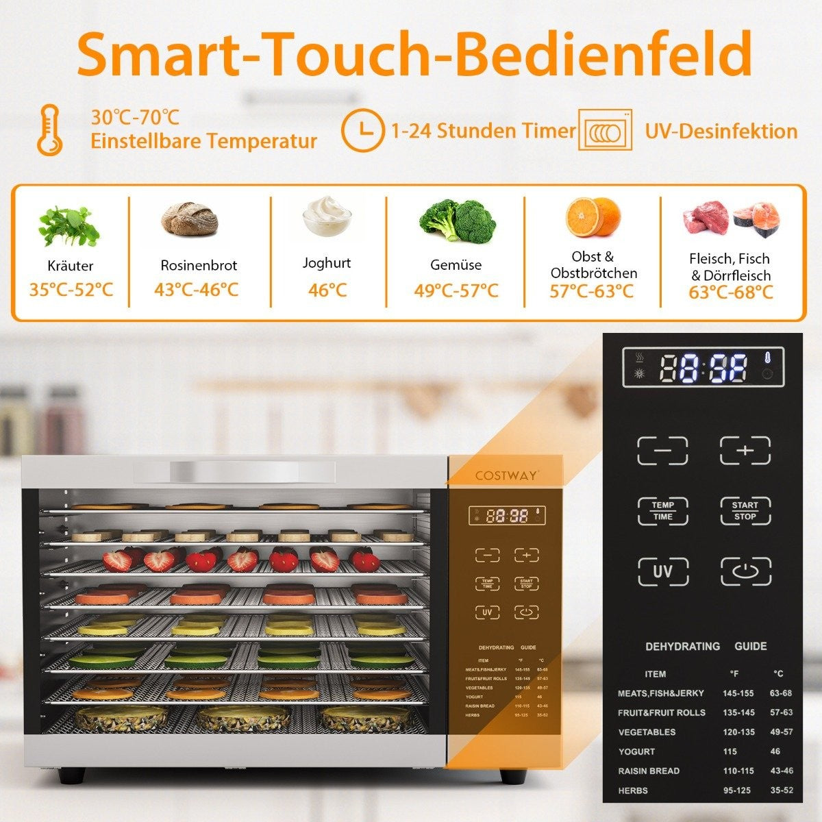 Dehydrator with 8 grid trays & 0-70°C temperature control & overheating protection dehydrator