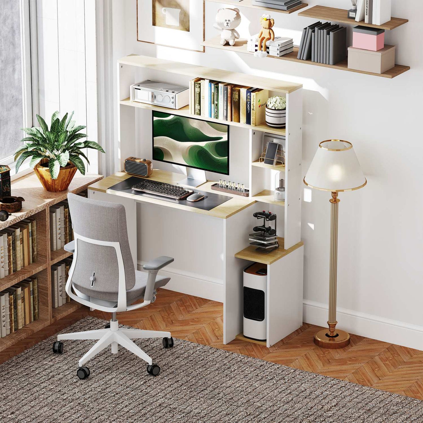Oak Computer table - 113 x 45 cm, Steel frame, Open shelves
