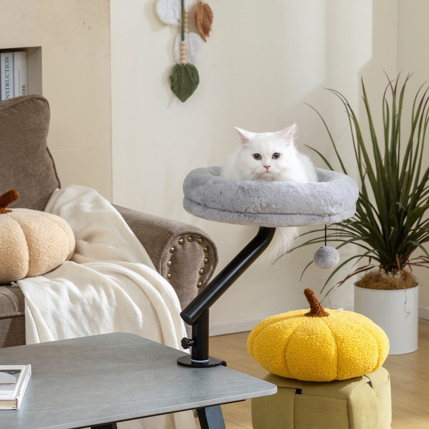 Desk Cat Bed with 360 Rotation, Adjustable Height, Grey