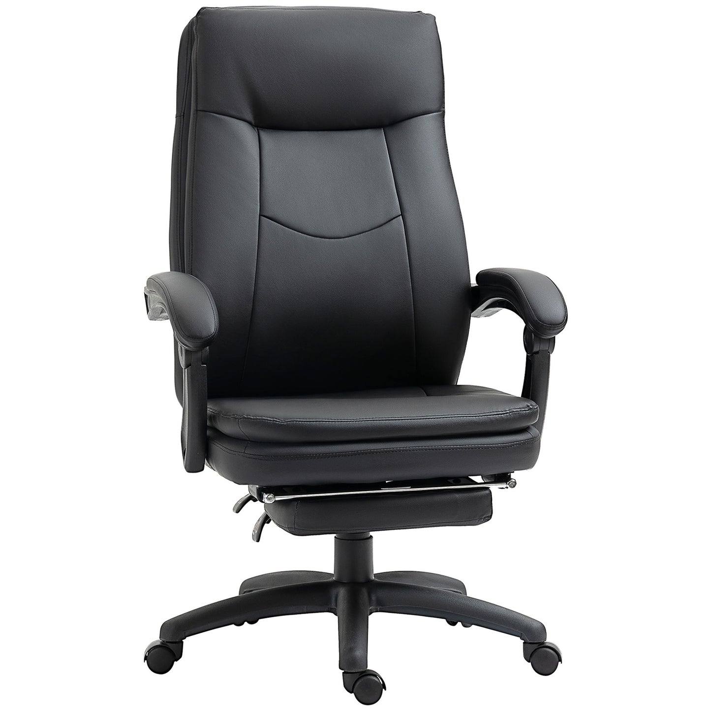 Ergonomic black office chair with footrest, padded backrest