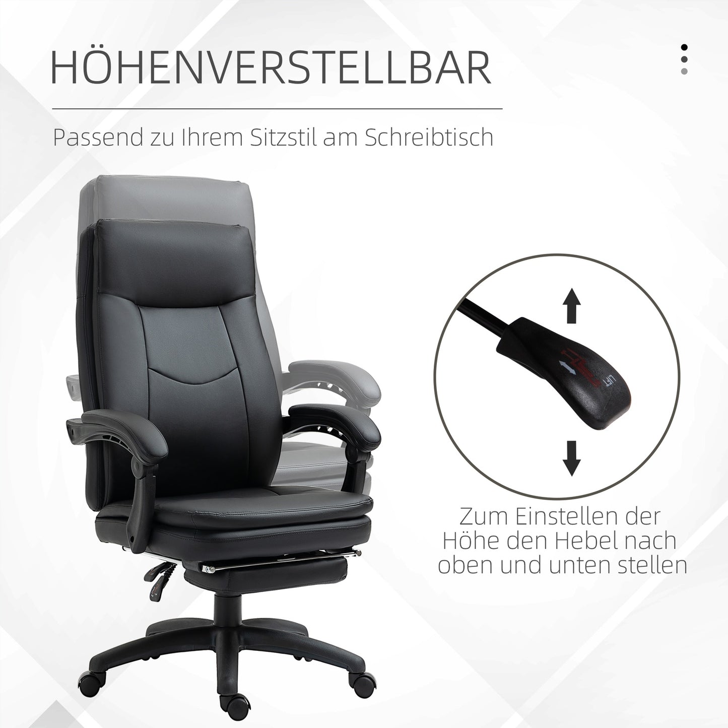 Ergonomic black office chair with footrest, padded backrest